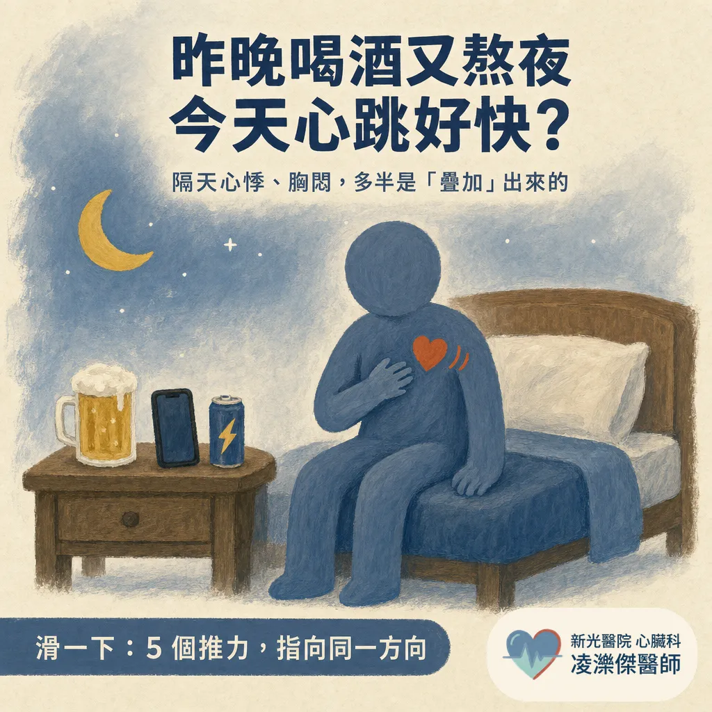 昨晚喝了又熬夜，今天心跳好快？隔天心悸胸悶的「疊加」原因 圖卡 1