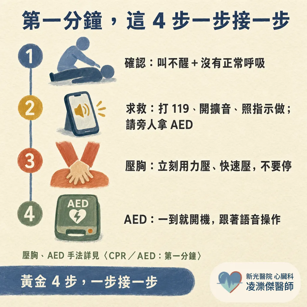 家人突然倒下、叫不醒又沒呼吸？認識 OHCA 院外心臟驟停與第一分鐘該做的事 圖卡 4